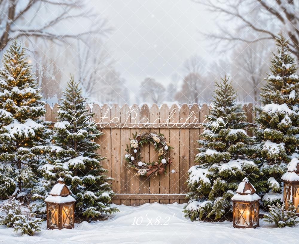 Kate Winter Forest Christmas Tree Brown Fence Backdrop Designed by Emetselch -UK