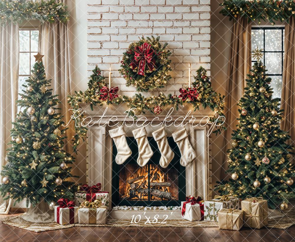 Kate Winter Christmas Tree White Retro Fireplace Backdrop Designed by Emetselch -UK