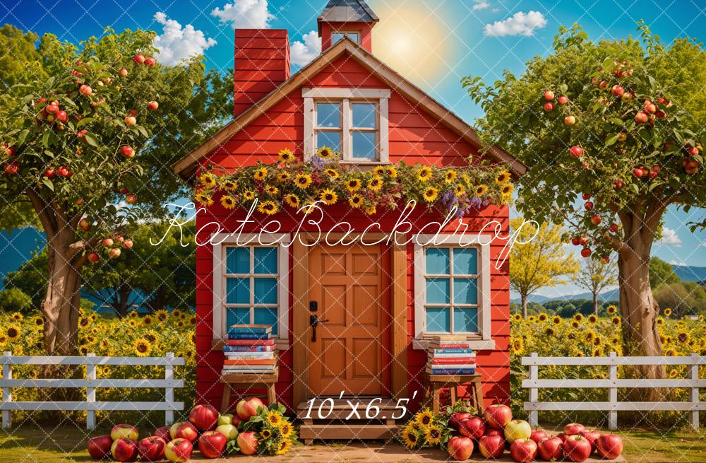 Kate Back to School Sunflower Apple Orchard Red House Backdrop Designed by Chain Photography -UK