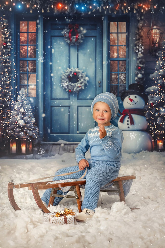 Kate Christmas Winter Snowy Blue Door Snowman Backdrop Designed by Chain Photography -UK