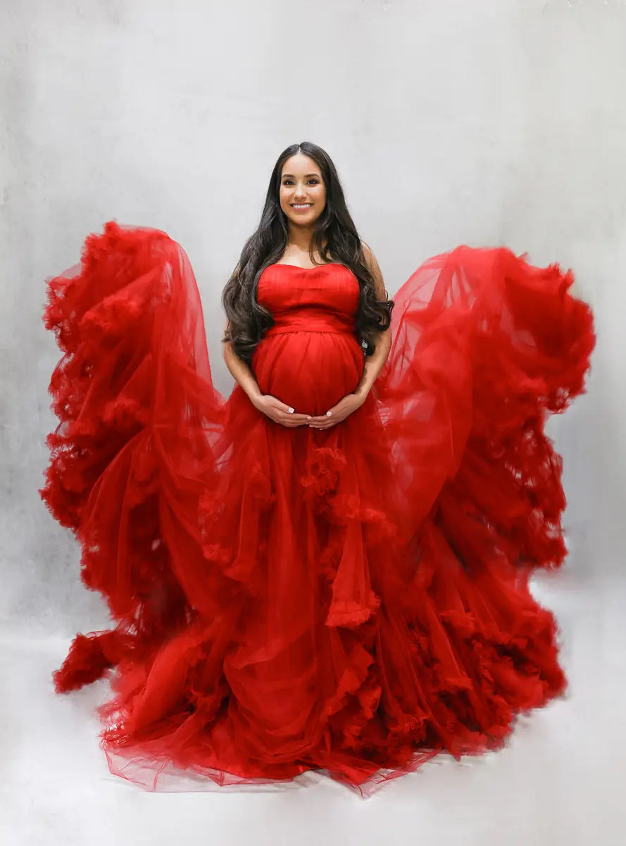 Kate Off Shoulder Mesh Red Maternity Photoshoot Dress -UK