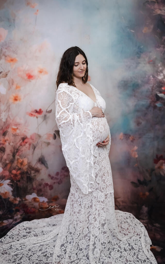 Kate Lace V-neck Trailing White Maternity Photoshoot Dress -UK