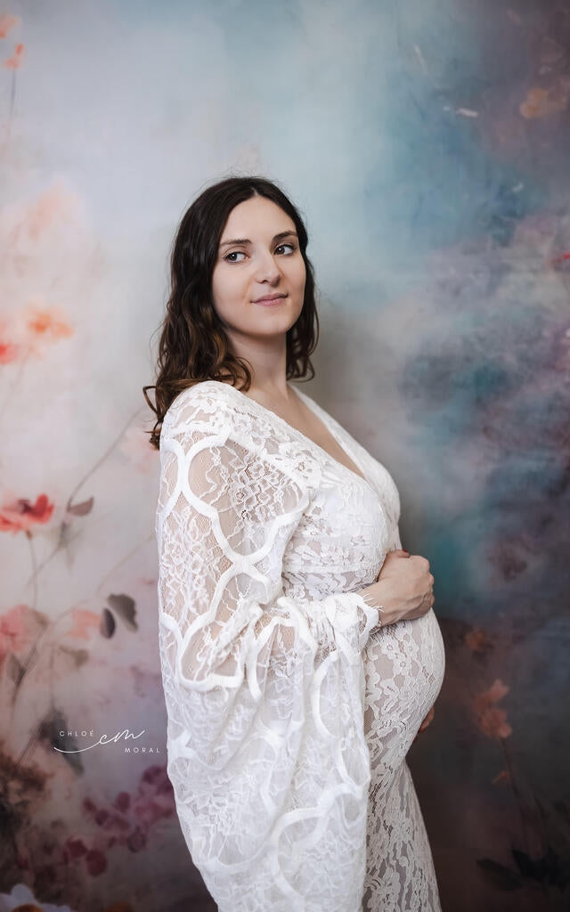 Kate Lace V-neck Trailing White Maternity Photoshoot Dress -UK