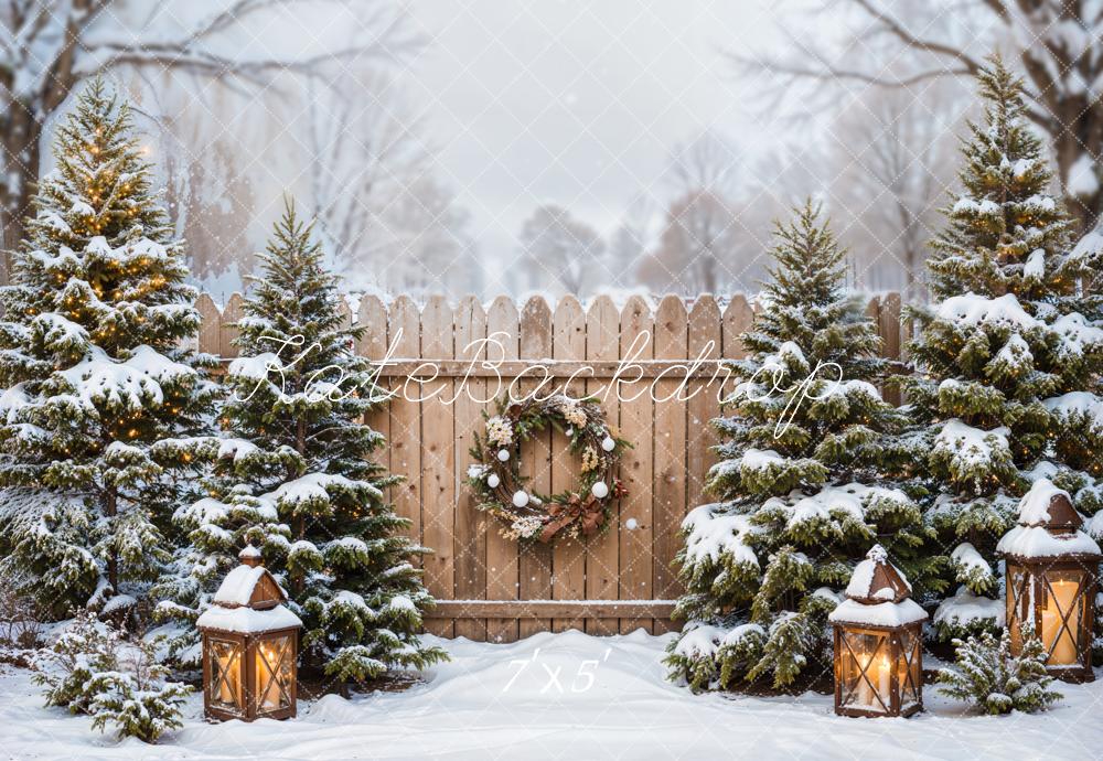 Kate Winter Forest Christmas Tree Brown Fence Backdrop Designed by Emetselch -UK