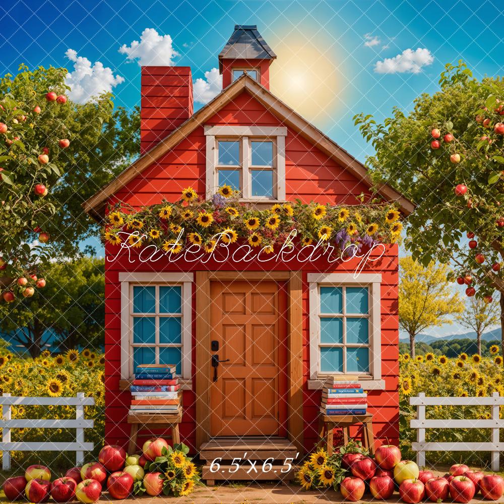 Kate Back to School Sunflower Apple Orchard Red House Backdrop Designed by Chain Photography -UK