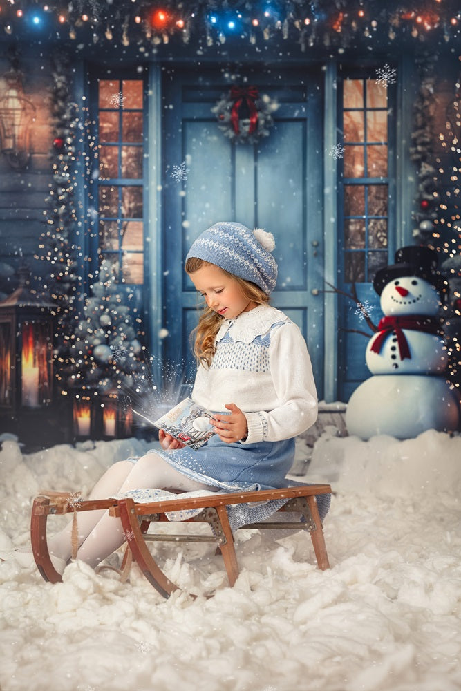 Kate Christmas Winter Snowy Blue Door Snowman Backdrop Designed by Chain Photography -UK