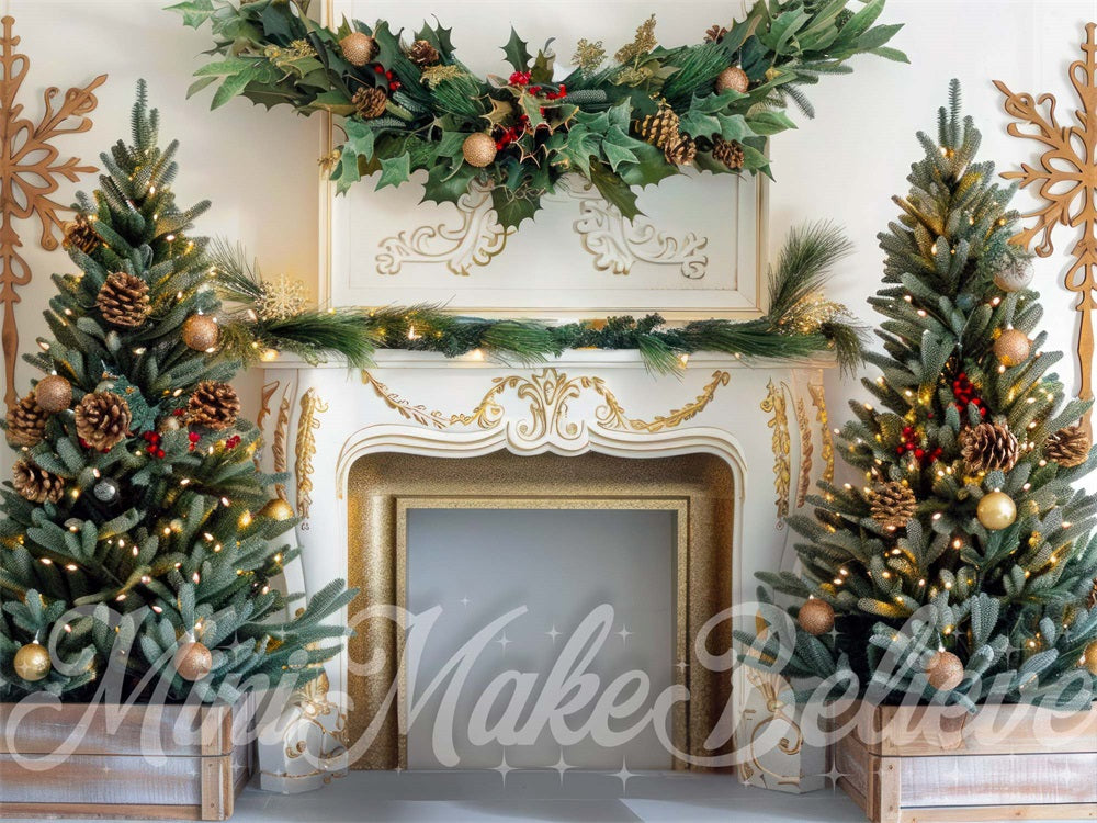 Kate Christmas Tree Golden White Fireplace Backdrop Designed by Mini MakeBelieve -UK