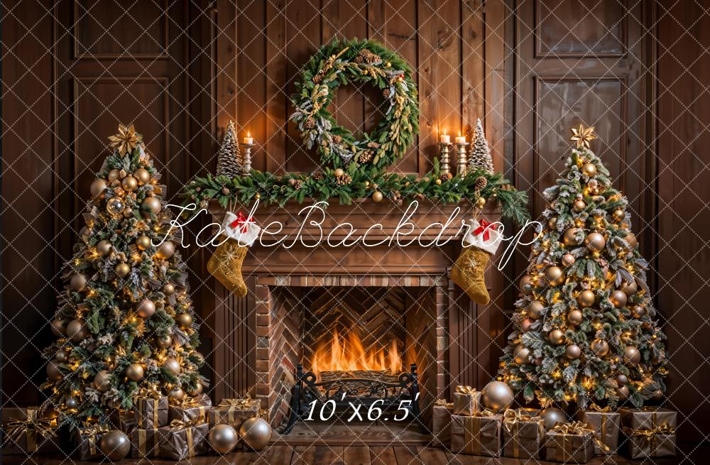 Kate Christmas Brown Fireplace Vintage Wall Backdrop Designed by Emetselch -UK