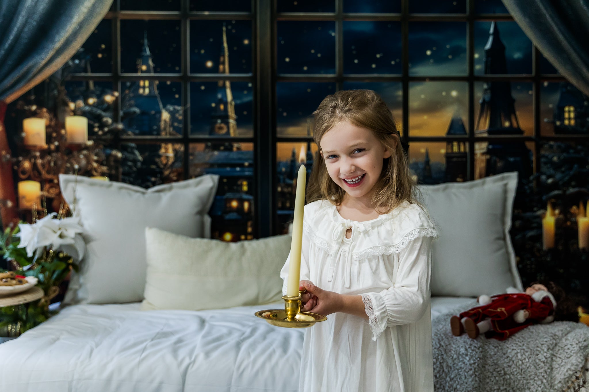 Kate Christmas Night Town Window Candle Backdrop Designed by Emetselch -UK