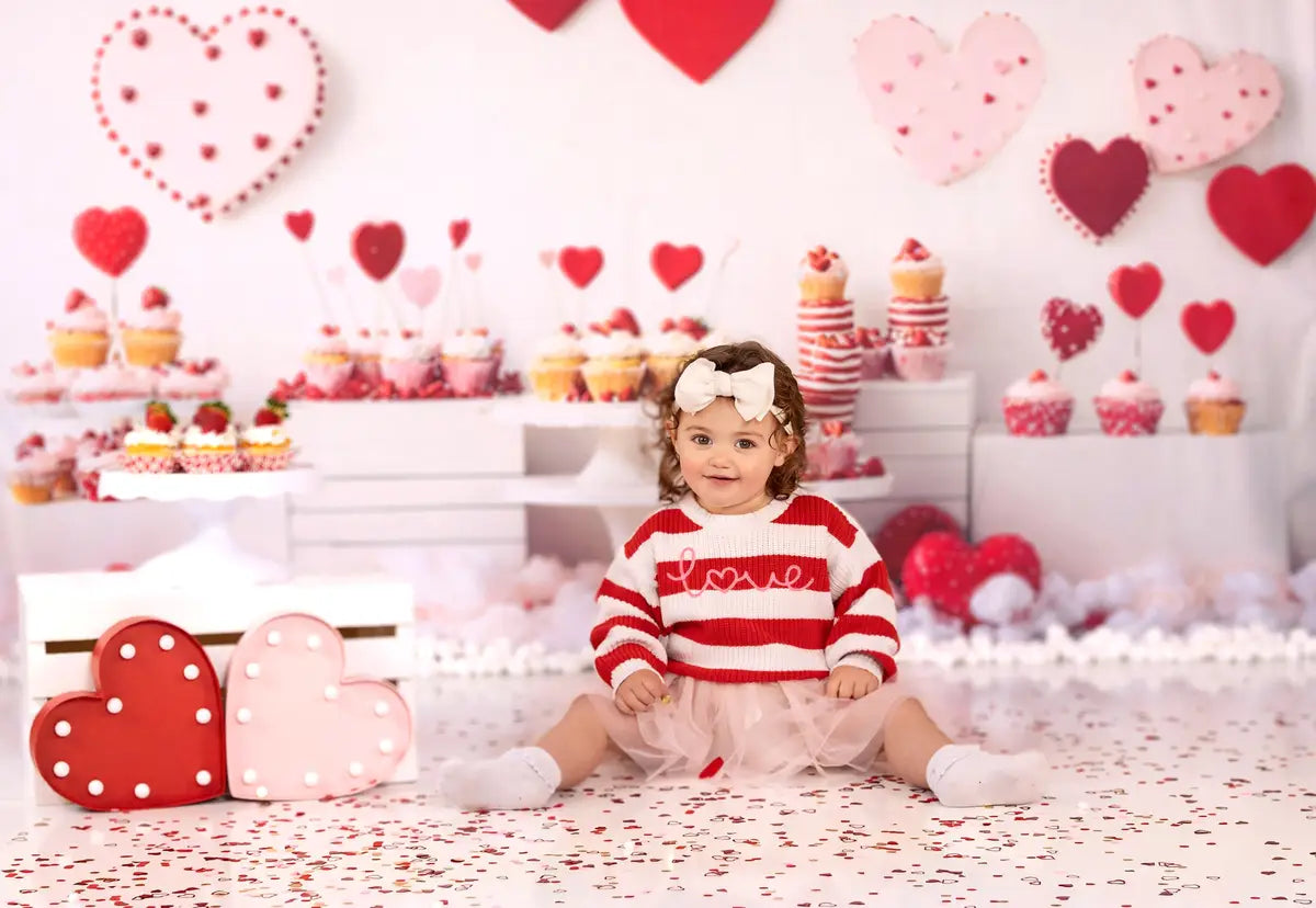 Kate Valentine Heart Dessert Cupcake Backdrop+White Gray Wood Floor Backdrop