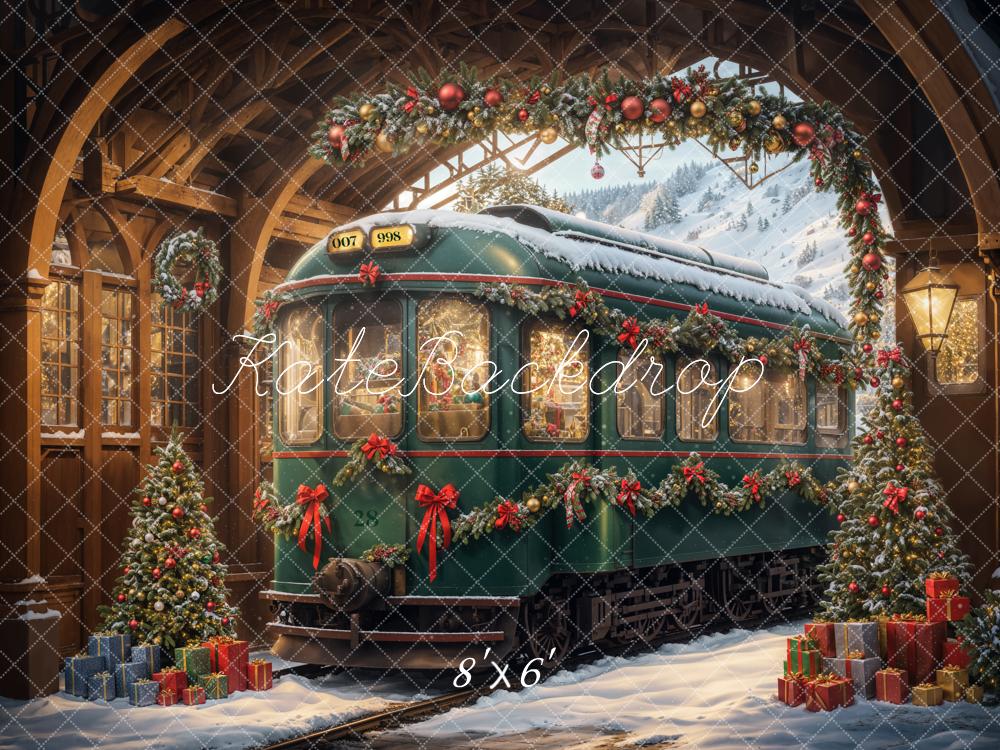 Kate Christmas Tree Green Retro Train Backdrop Designed by Emetselch -UK