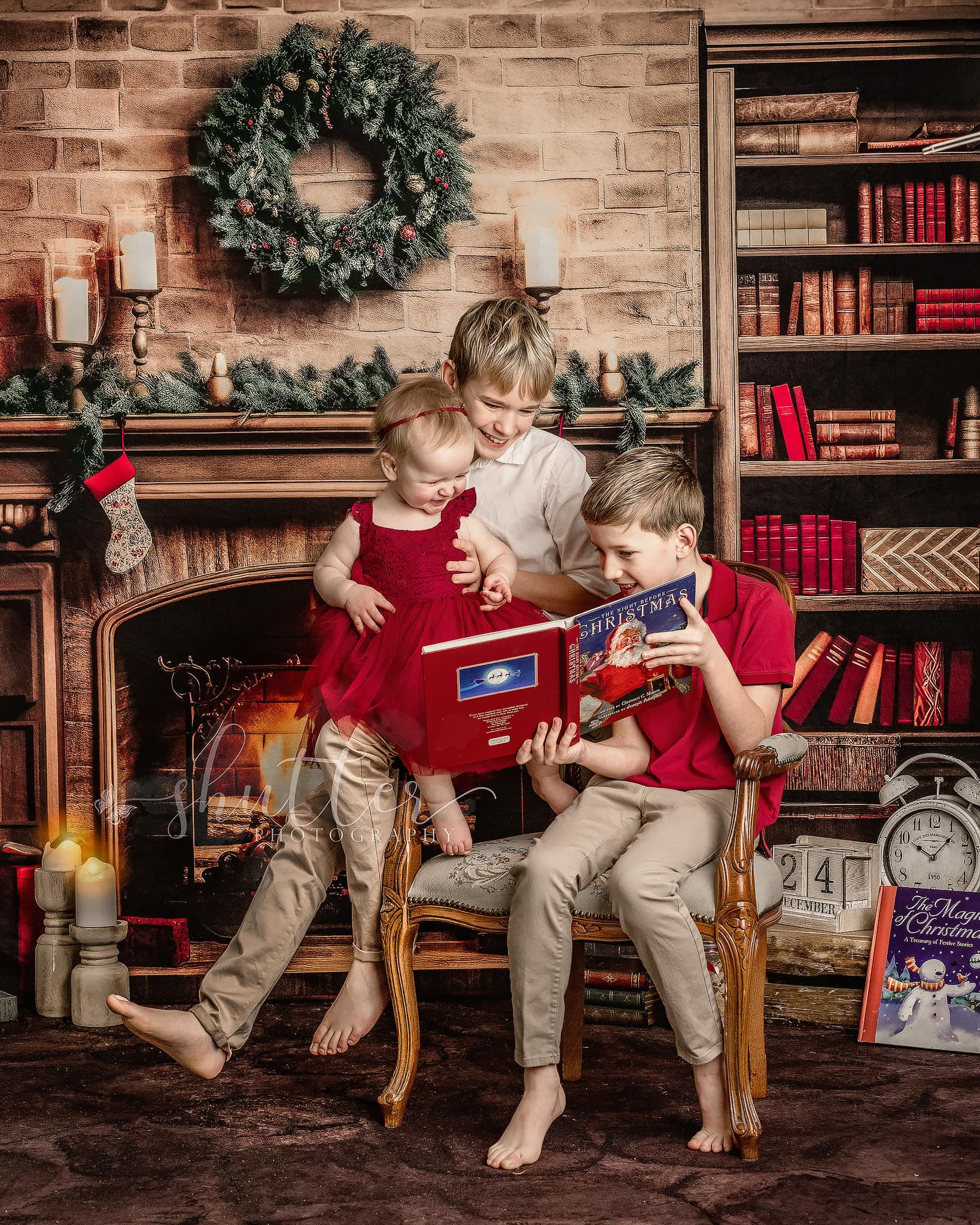 Kate Christmas Fireplace Flame Bookstore Backdrop for Photography -UK