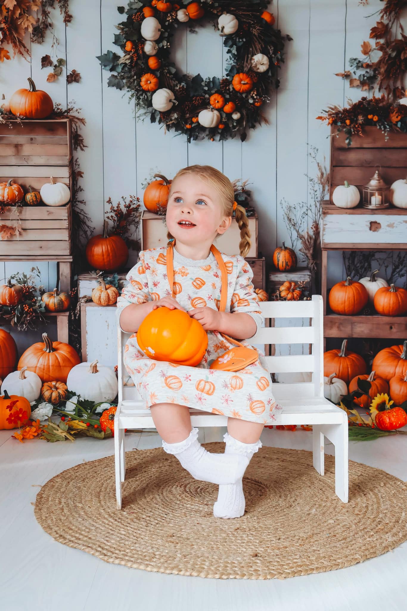 Kate Autumn Pumpkins Wreath White Wall Backdrop Designed by Emetselch -UK