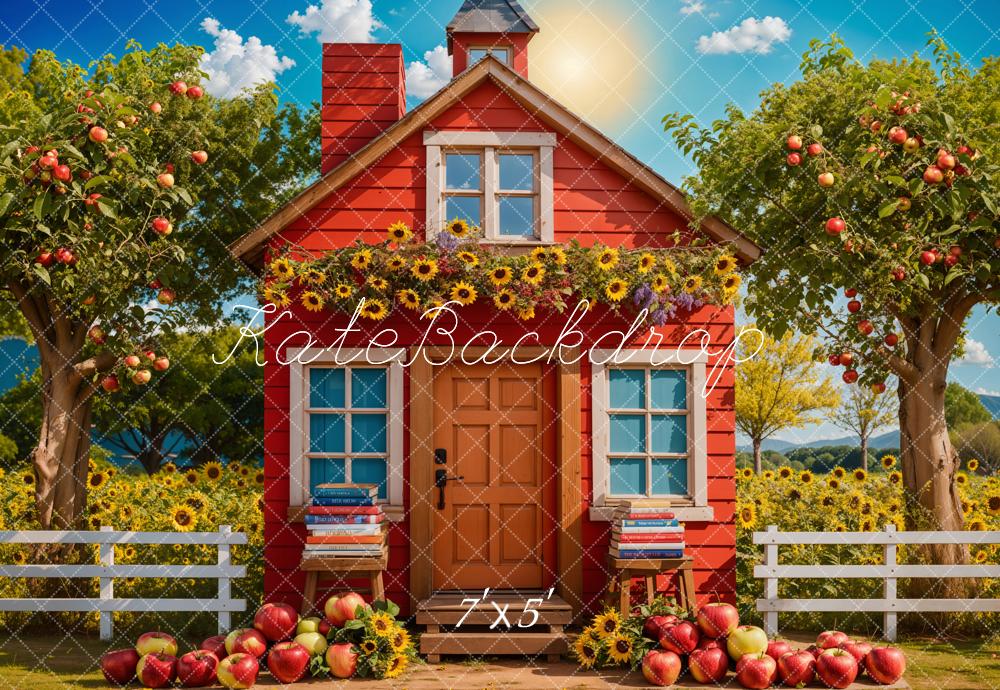 Kate Back to School Sunflower Apple Orchard Red House Backdrop Designed by Chain Photography -UK