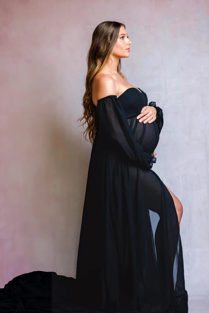 Kate Grey Long Sleeve Satin Maternity Photoshoot Dress -UK