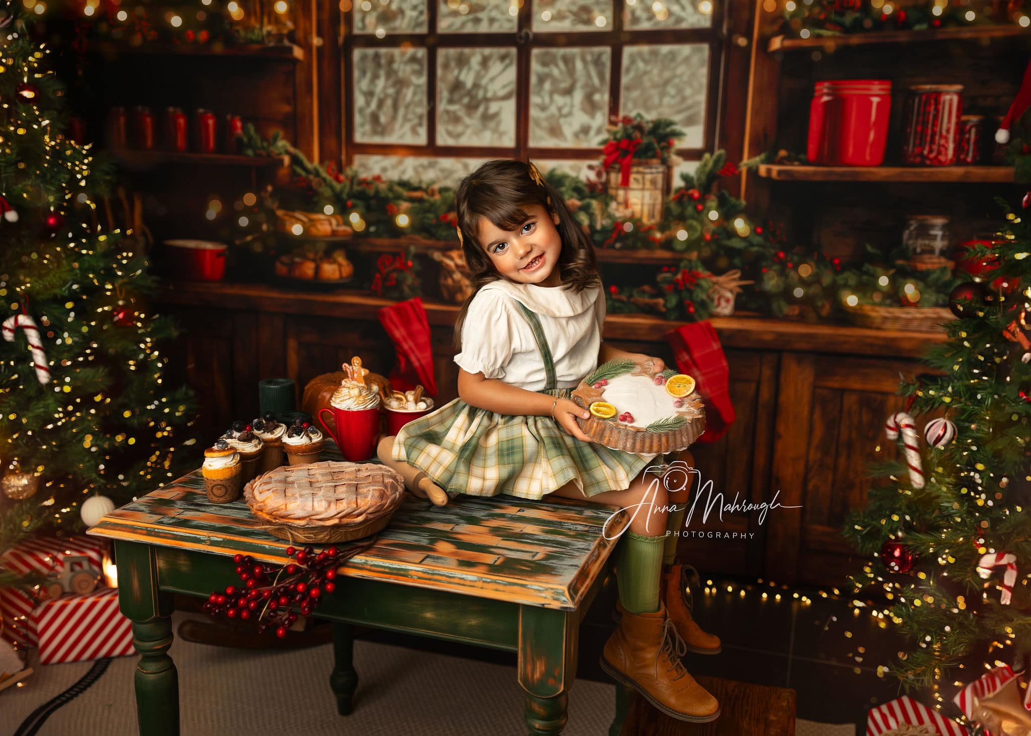 Kate Christmas Kitchen Brown Wooden Cabinets Red Stocking Backdrop Designed by Emetselch