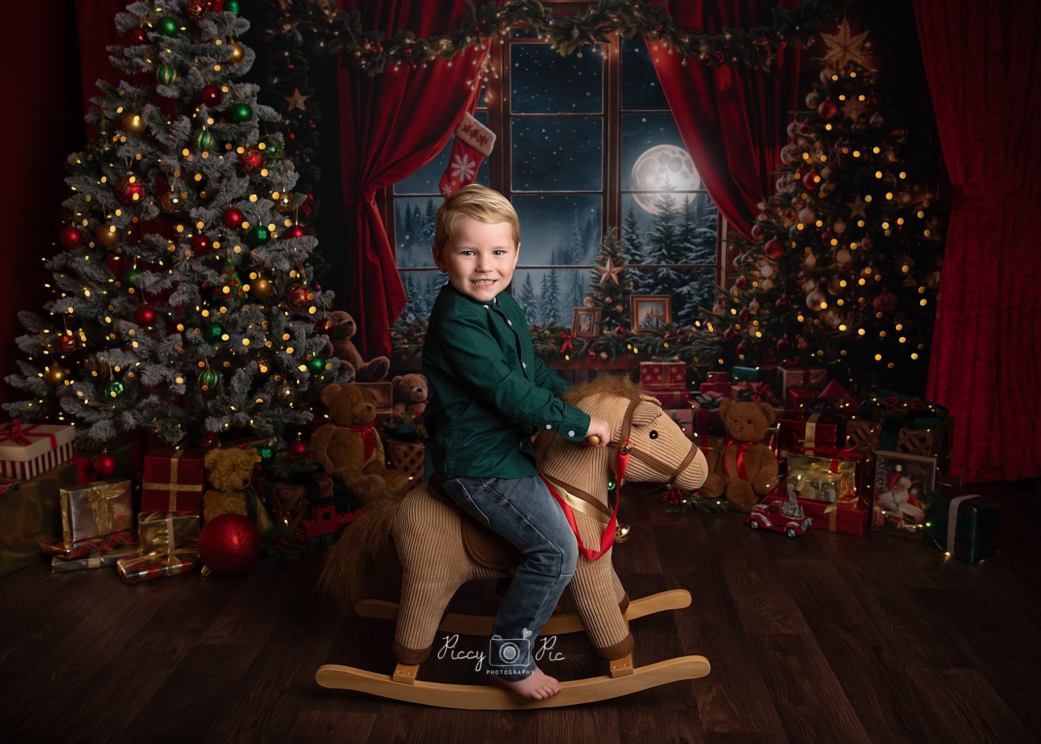 Kate Christmas Teddy Bear Red Curtain Window Backdrop Designed by Emetselch -UK