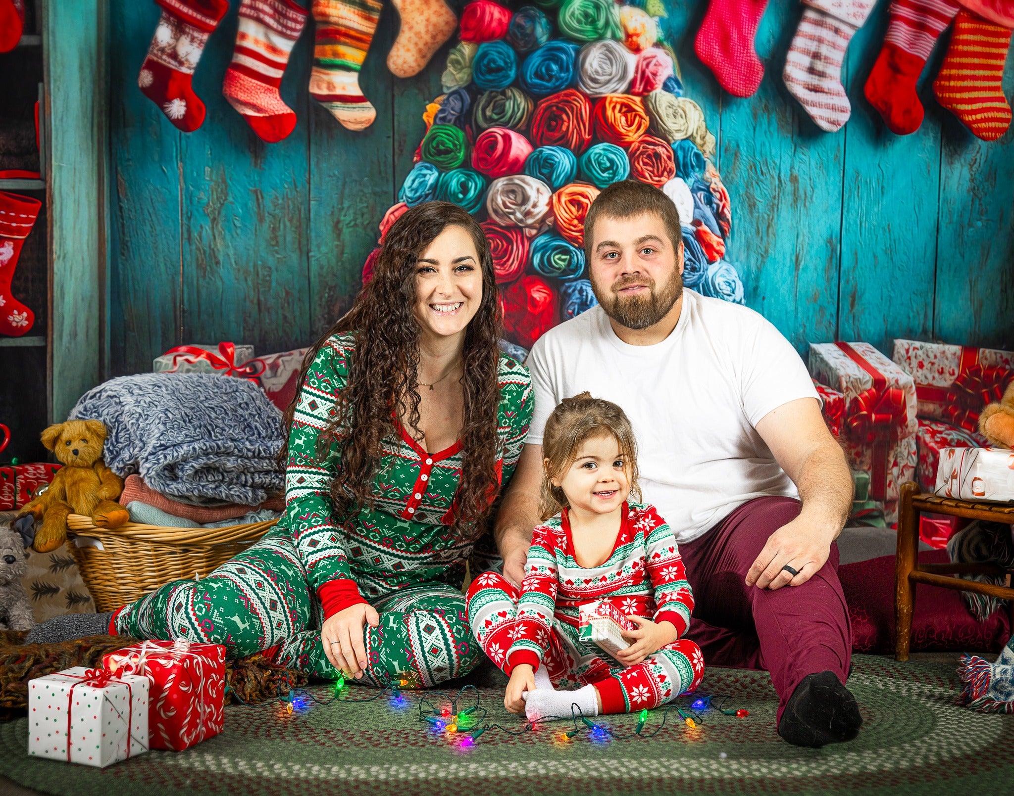 Kate Colorful Christmas Stockings Tree Backdrop Designed by Laura Bybee -UK