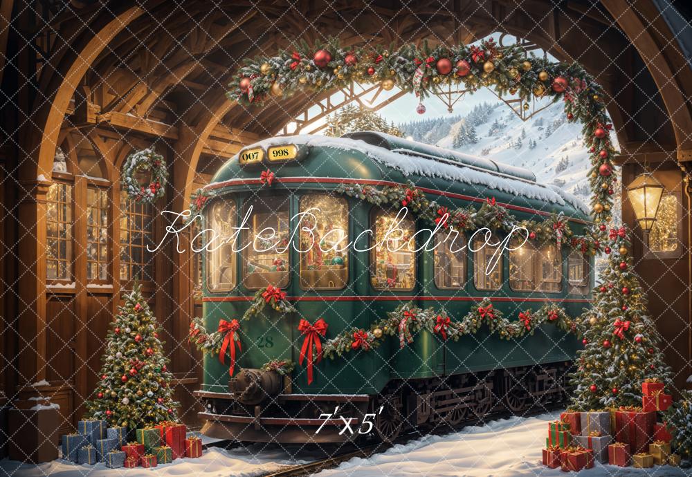 Kate Christmas Tree Green Retro Train Backdrop Designed by Emetselch -UK