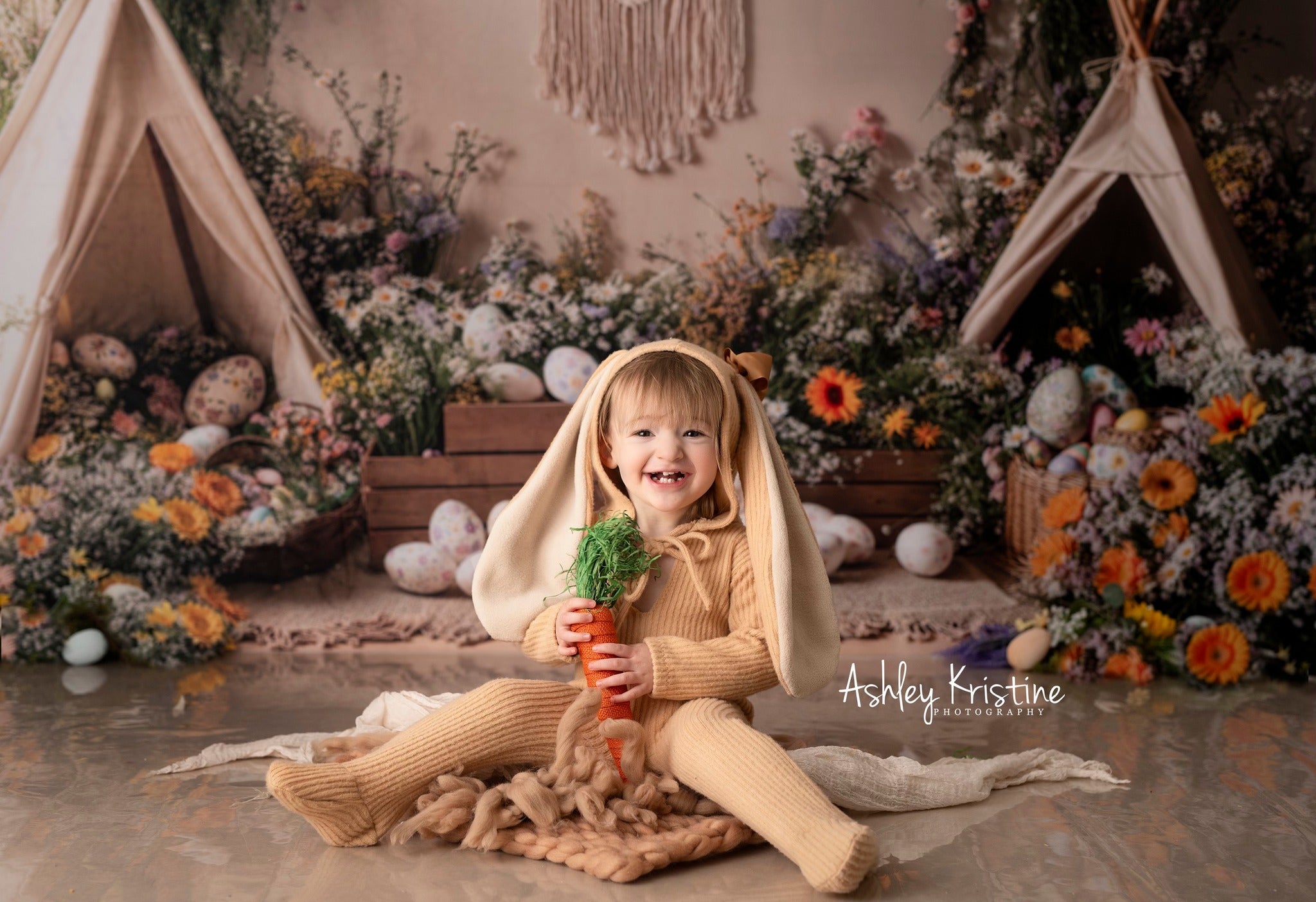 Kate Easter Boho Floral Teepee Eggs Backdrop Designed by Emetselch