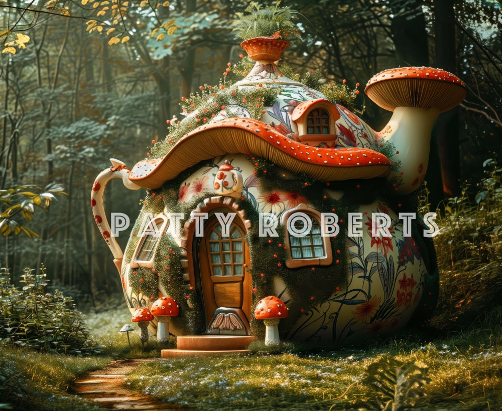 Kate Magical Forest Dreamy Mushroom Teapot Hut Backdrop Designed by Patty Robert -UK