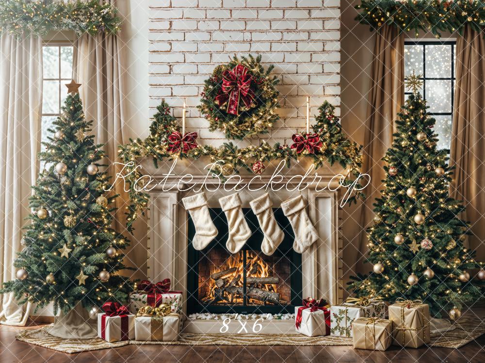 Kate Winter Christmas Tree White Retro Fireplace Backdrop Designed by Emetselch -UK