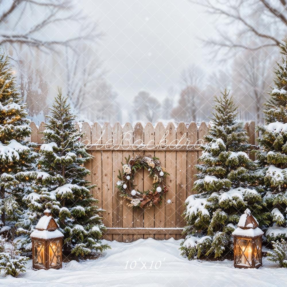 Kate Winter Forest Christmas Tree Brown Fence Backdrop Designed by Emetselch -UK