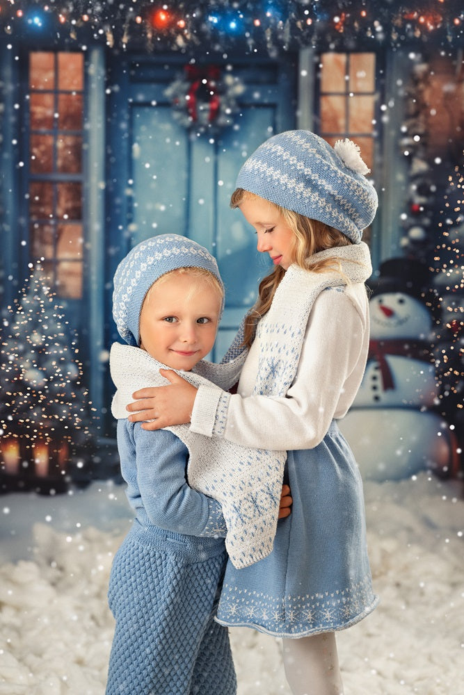 Kate Christmas Winter Snowy Blue Door Snowman Backdrop Designed by Chain Photography -UK