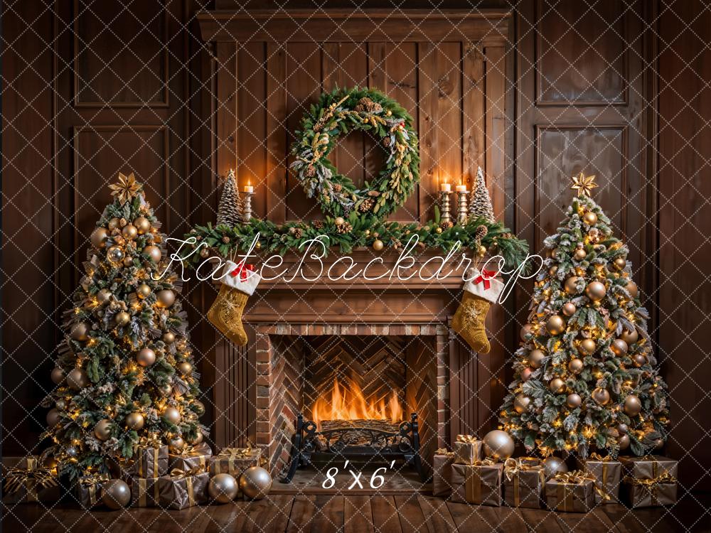 Kate Christmas Brown Fireplace Vintage Wall Backdrop Designed by Emetselch -UK