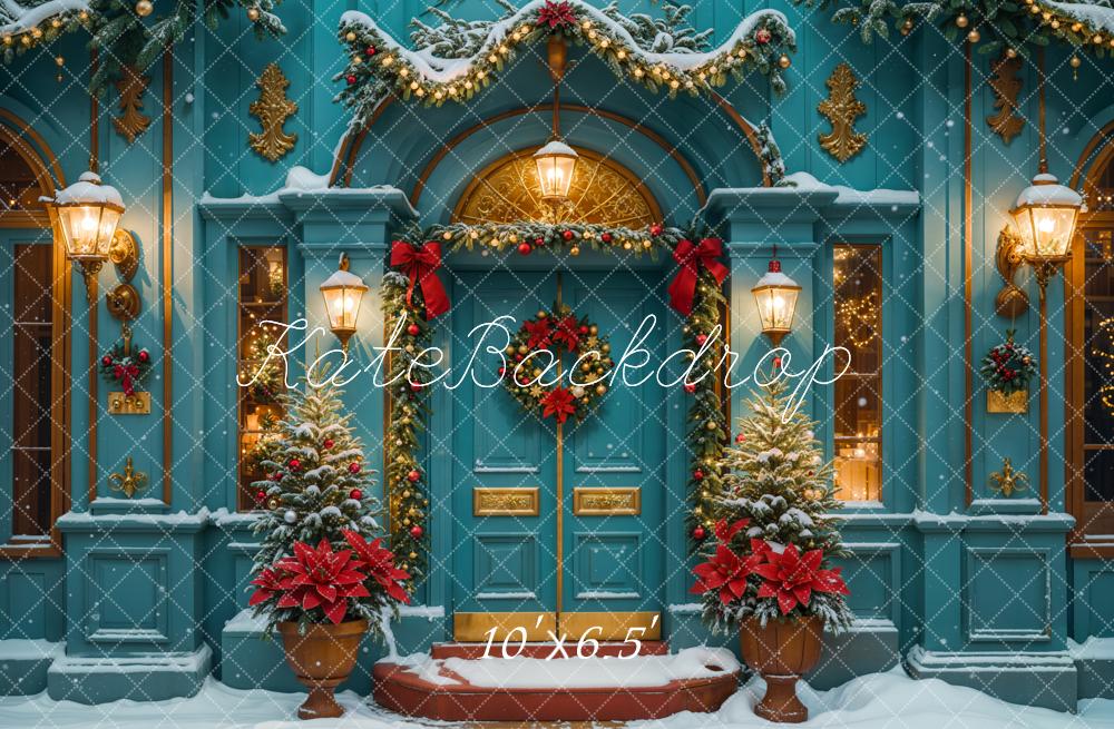 Kate Christmas Green Retro Arch House Backdrop Designed by Emetselch -UK