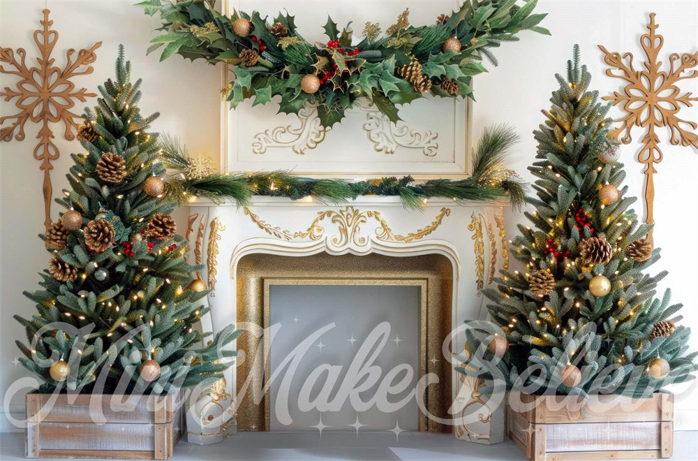 Kate Christmas Tree Golden White Fireplace Backdrop Designed by Mini MakeBelieve -UK