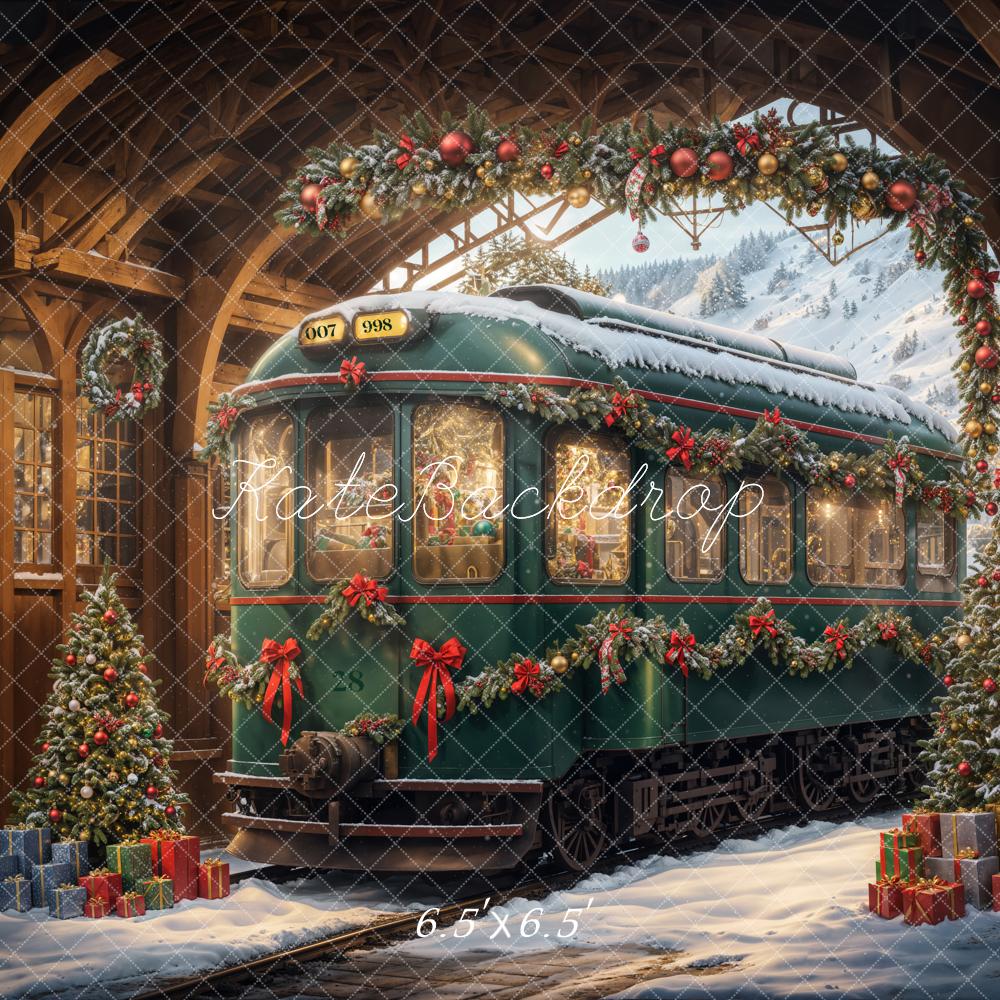 Kate Christmas Tree Green Retro Train Backdrop Designed by Emetselch -UK