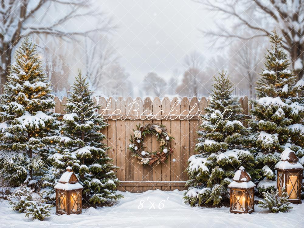 Kate Winter Forest Christmas Tree Brown Fence Backdrop Designed by Emetselch -UK