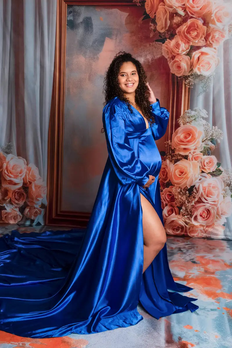 Kate Long Sleeve Satin Blue Maternity Photoshoot Dress -UK