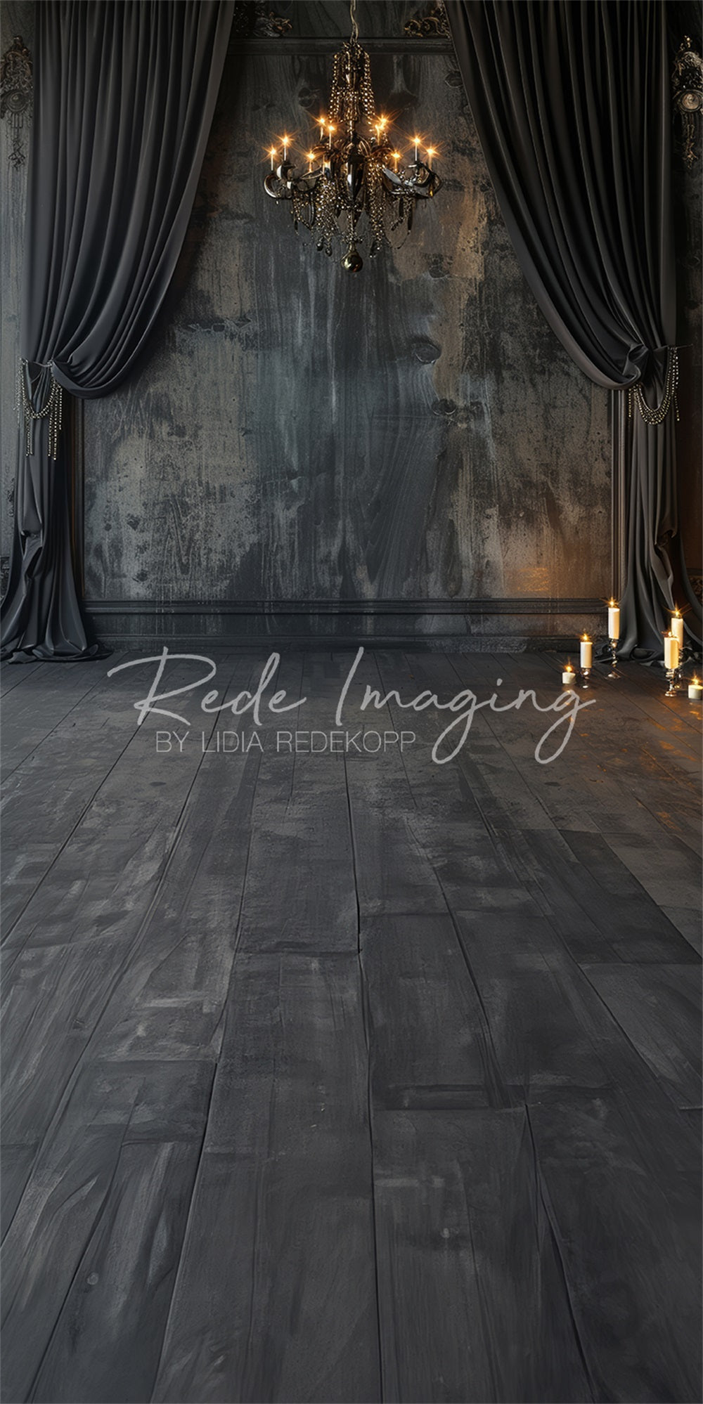 Kate Sweep Dark Vintage Black Curtain Chandelier Wall Backdrop Designed by Lidia Redekopp -UK