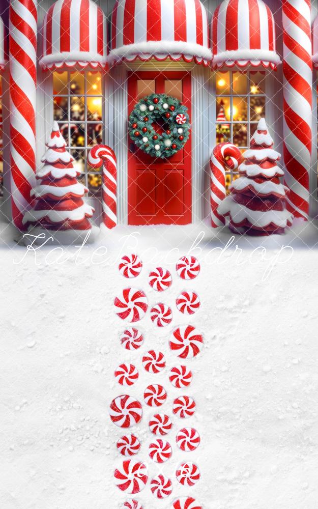 Kate Sweep Christmas Candy Cane Shop Snow Backdrop Designed by Mini MakeBelieve -UK