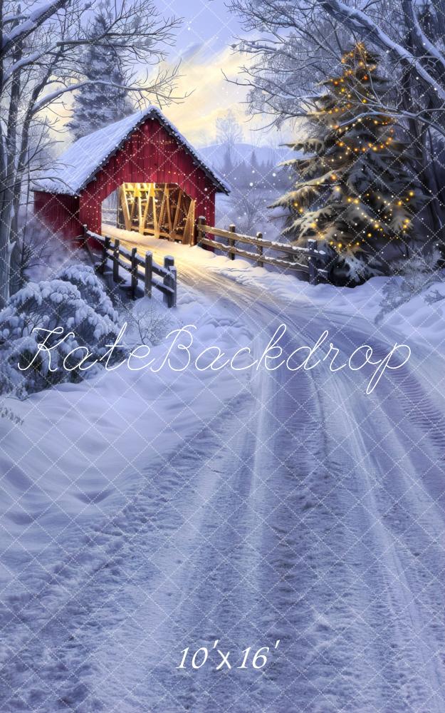 Kate Sweep Christmas Red Barn Bridge Backdrop Designed by Lidia Redekopp -UK