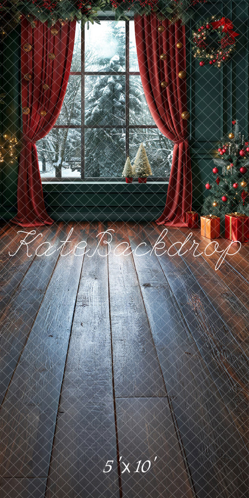 Kate Sweep Christmas Retro Green Window Snowy Backdrop Designed by Lidia Redekopp