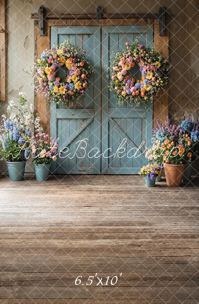 Kate Spring Floral Rustic Blue Door Backdrop Designed by Emetselch