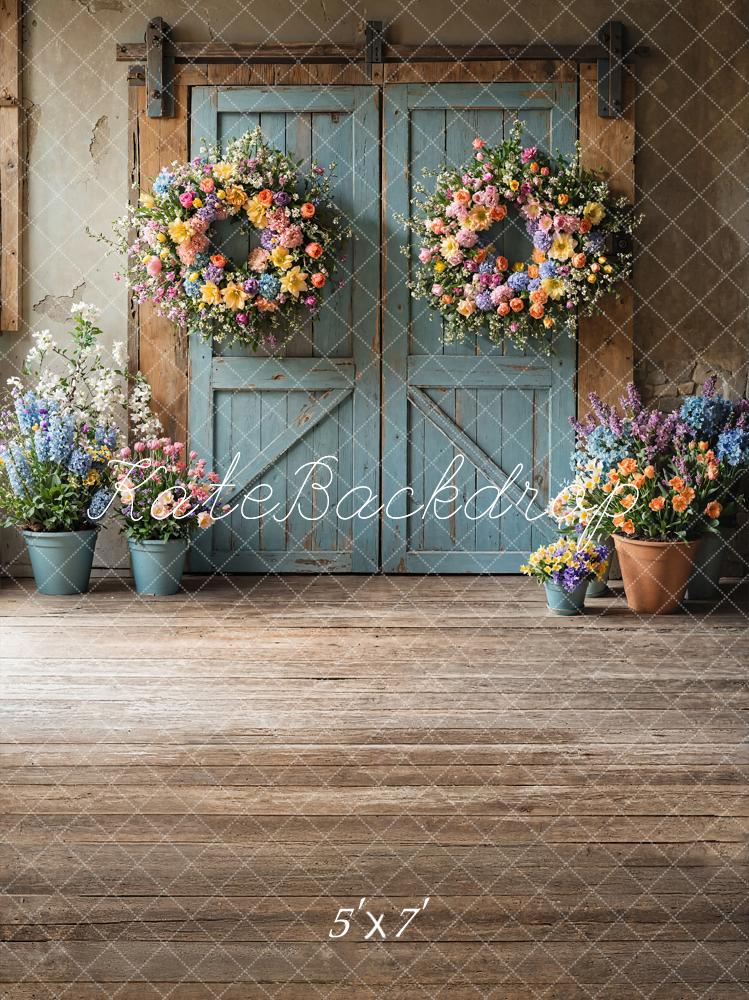 Kate Spring Floral Rustic Blue Door Backdrop Designed by Emetselch