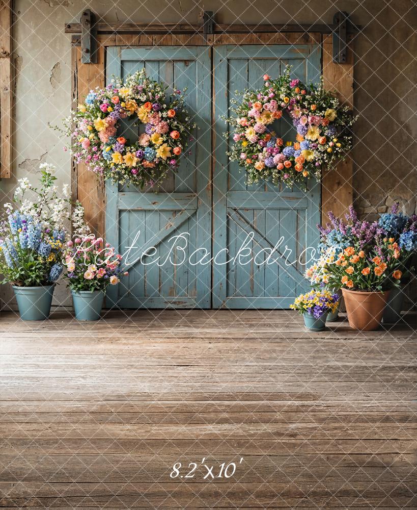 Kate Spring Floral Rustic Blue Door Backdrop Designed by Emetselch