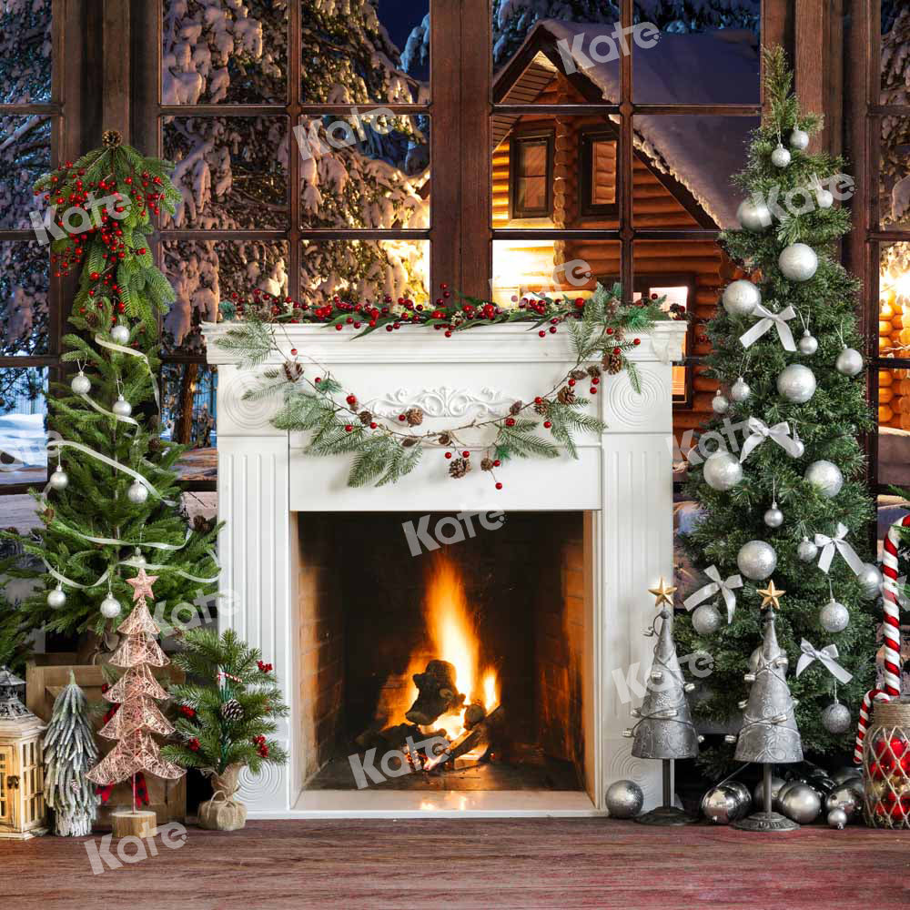 Kate Christmas Fireplace Snow Window Backdrop Designed by Emetselch -UK