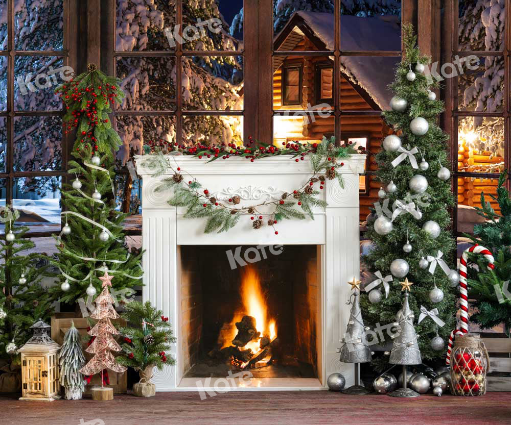 Kate Christmas Fireplace Snow Window Backdrop Designed by Emetselch -UK