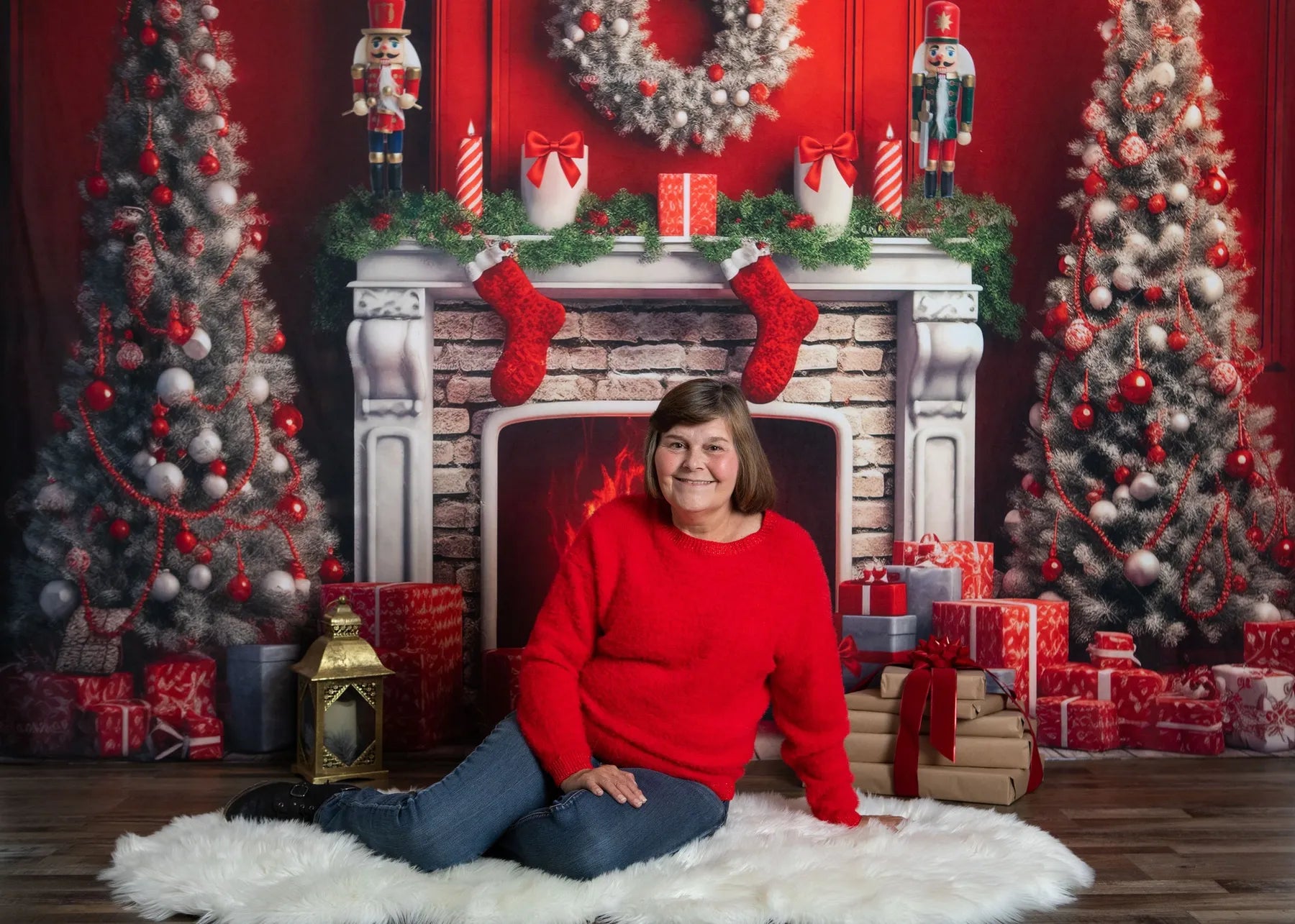 Kate Christmas Red Fireplace Tree Backdrop Designed by Chain Photography -UK