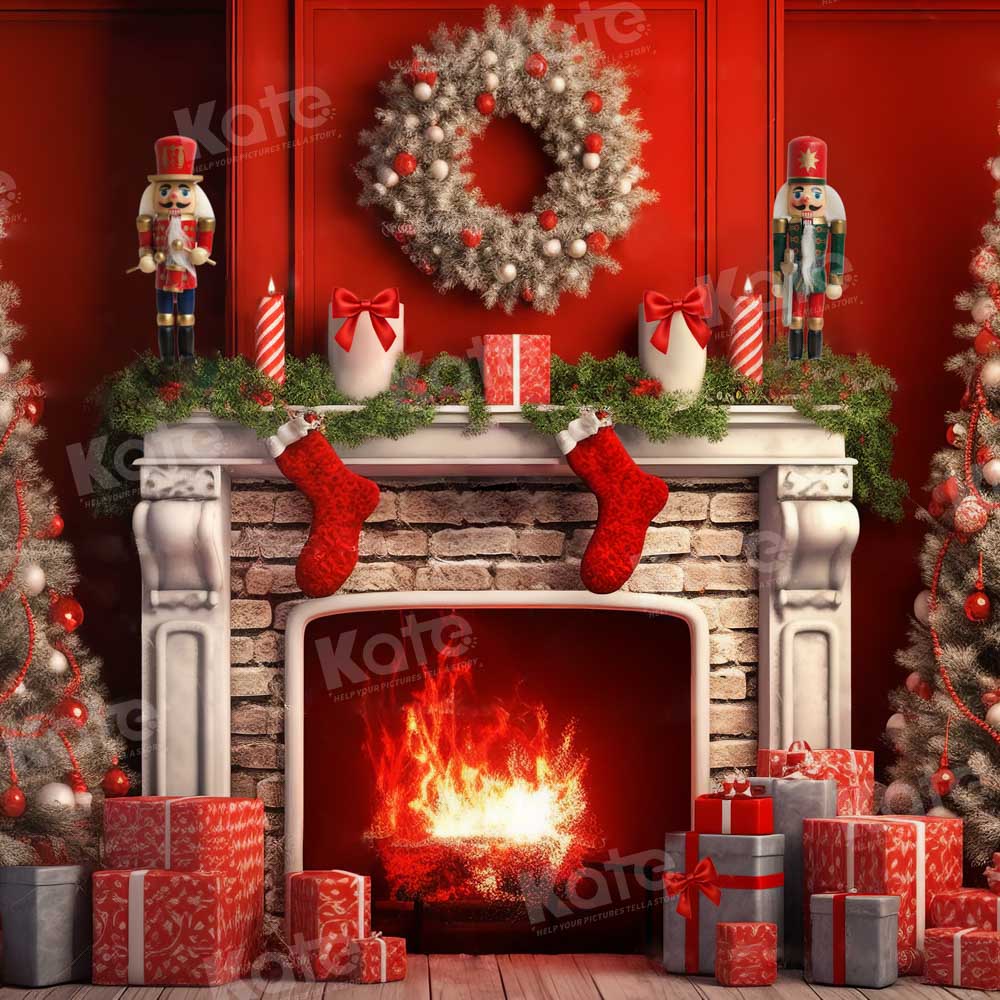 Kate Christmas Red Fireplace Tree Backdrop Designed by Chain Photography -UK