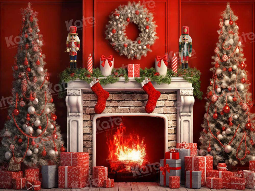 Kate Christmas Red Fireplace Tree Backdrop Designed by Chain Photography -UK