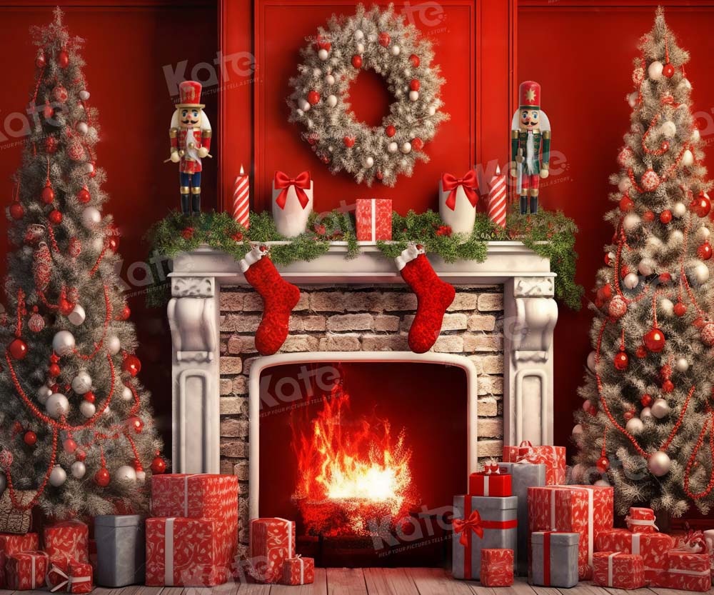 Kate Christmas Red Fireplace Tree Backdrop Designed by Chain Photography -UK