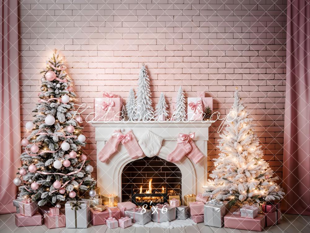 Kate Christmas Pink Room Fireplace Backdrop for Photography -UK