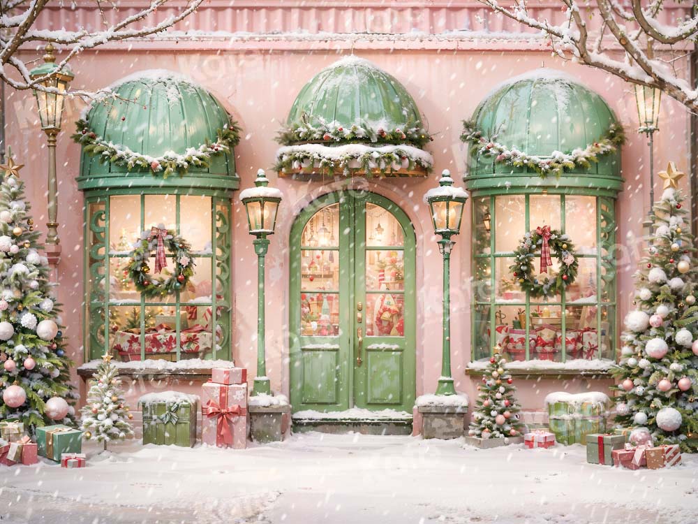 Kate Christmas Pink House Snowy Street Backdrop Designed by Chain Photography -UK