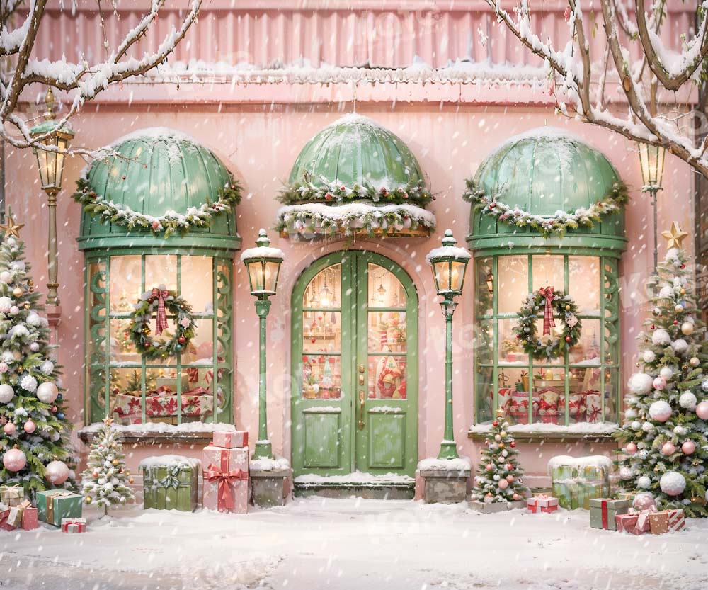 Kate Christmas Pink House Snowy Street Backdrop Designed by Chain Photography -UK